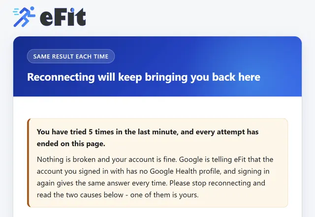 The same eFit page after several attempts, headed Reconnecting will keep bringing you back here, with a notice saying you have tried five times in the last minute and every attempt has ended on this page.