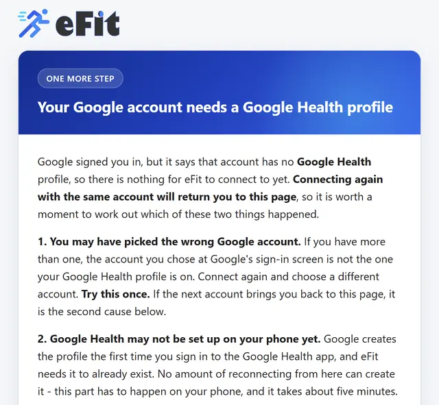 The eFit page headed Your Google account needs a Google Health profile, explaining that Google signed you in but the account has no Google Health profile, and listing two causes: picking the wrong Google account, or not having set up the Google Health app yet.
